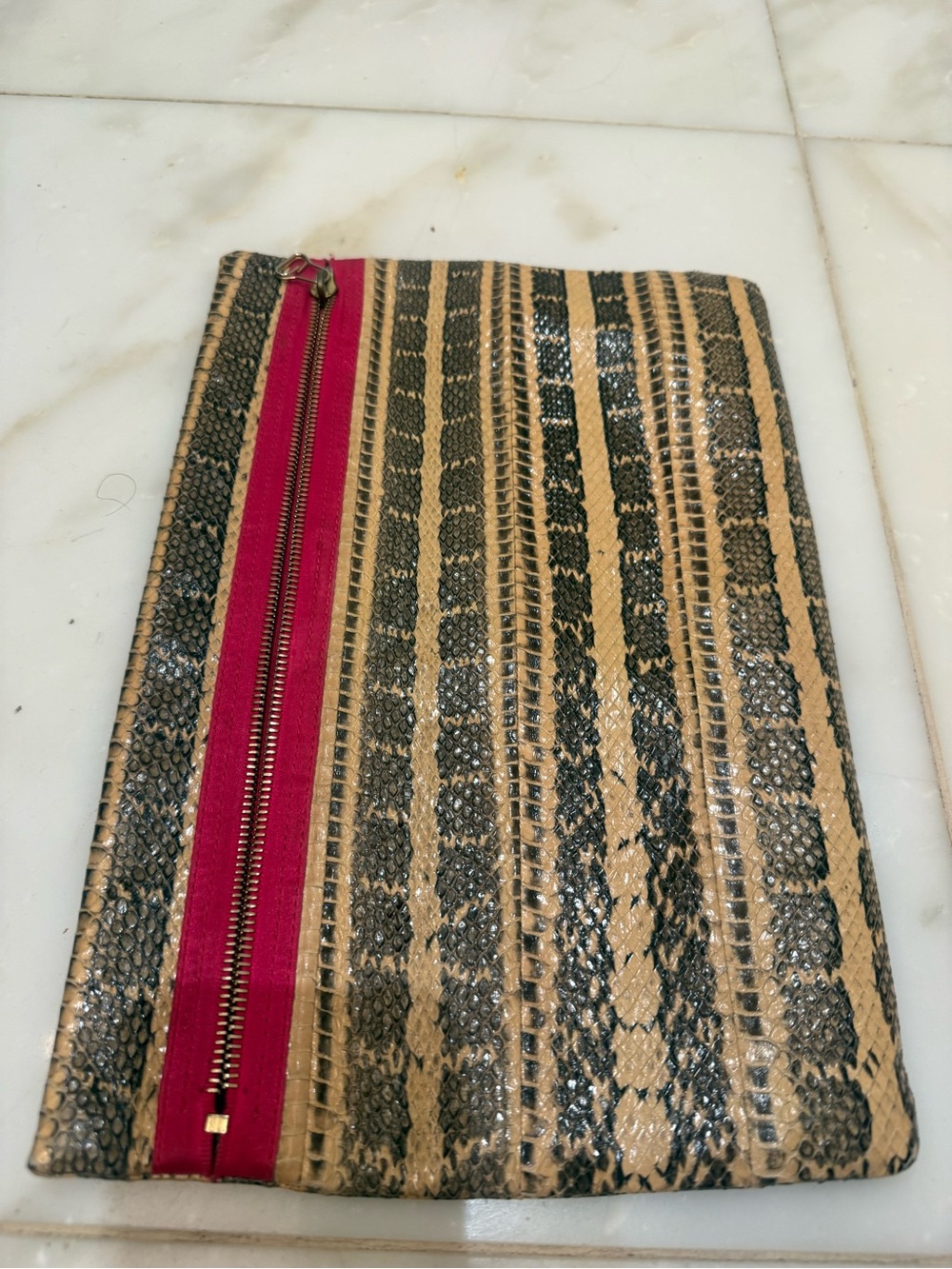 Lancing Textured Snake-Print Zip Pouch in Tan, Black & Hot Pink